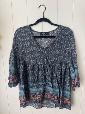 Blue B Collection Floral Ruffle Tunic Blouse Rayon Relaxed Fit 3/4 Sleeve M